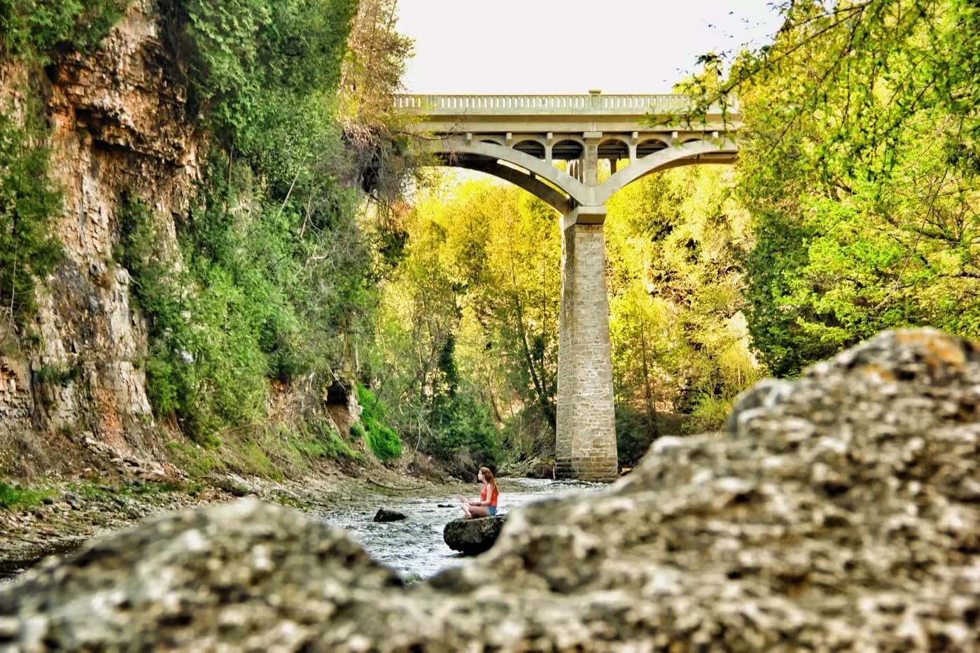 The limestone walls of Elora Gorge with the road bridge arching over the Grand River