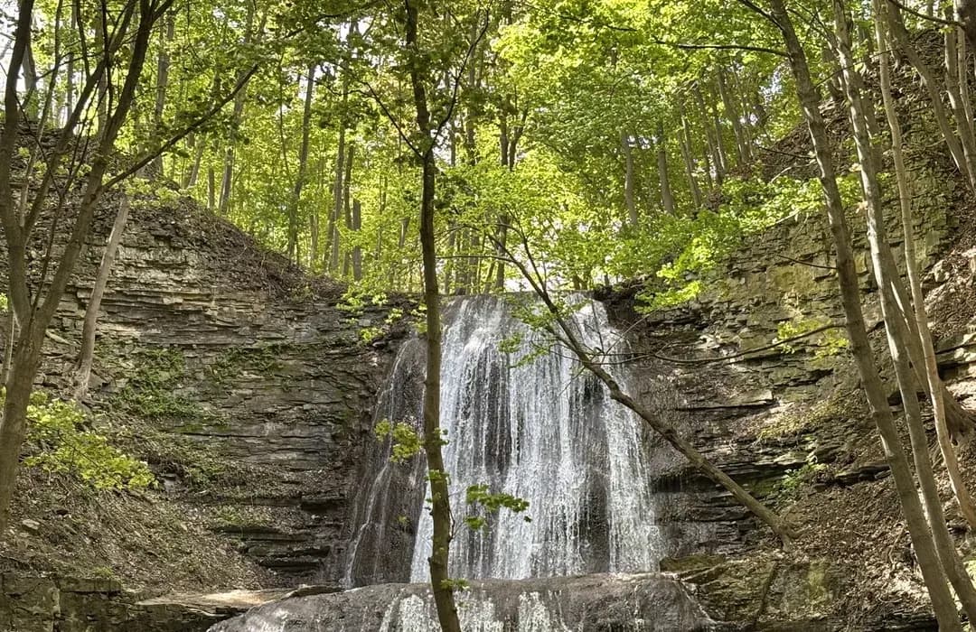 A waterfall running over rock ledges in the Dundas Valley