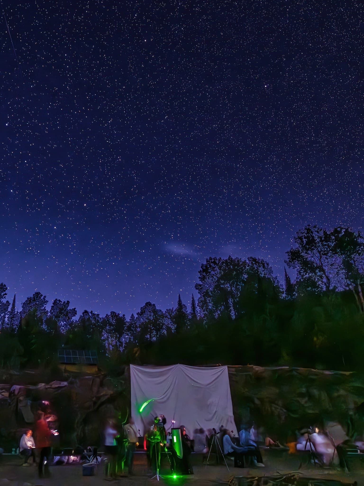 A group spread out on the ground and in camp chairs under a thick field of stars at night, with a lit white screen behind them and a green laser pointer aimed up at the sky