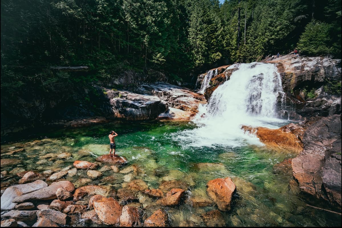 A waterfall dropping into a clear green pool at Golden Ears Provincial Park