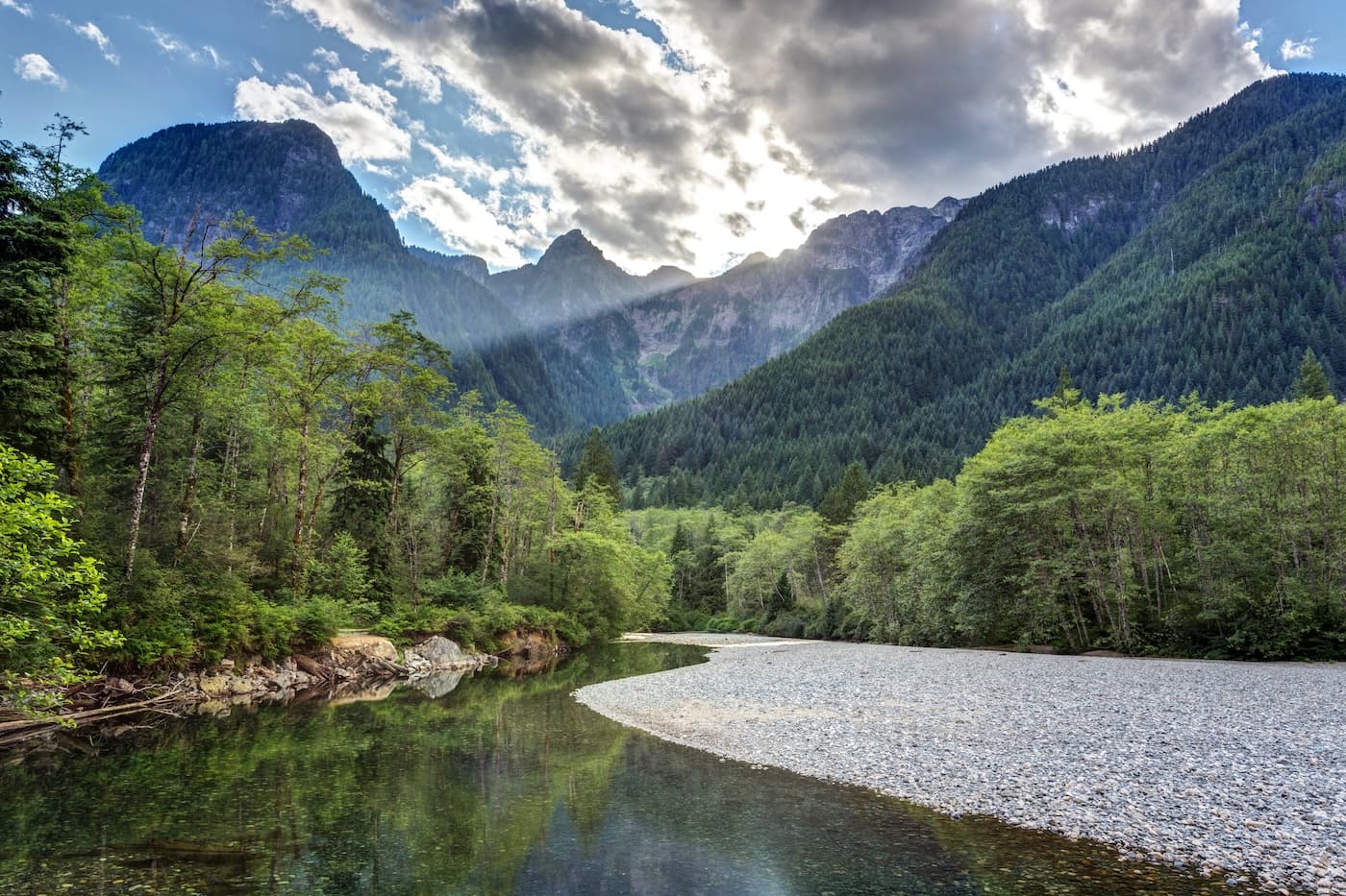 Gold Creek running over a pale gravel bar below the peaks at Golden Ears