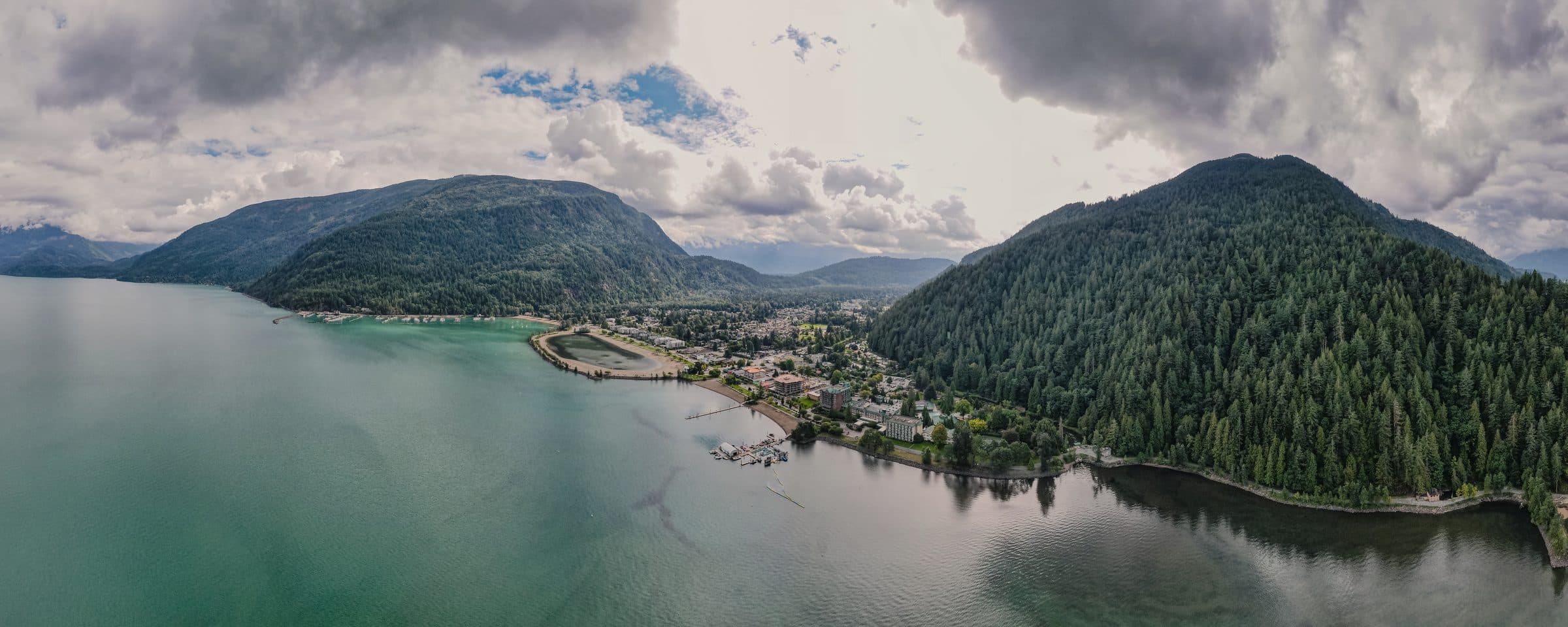 Harrison Hot Springs village on the lakeshore, seen from above the water