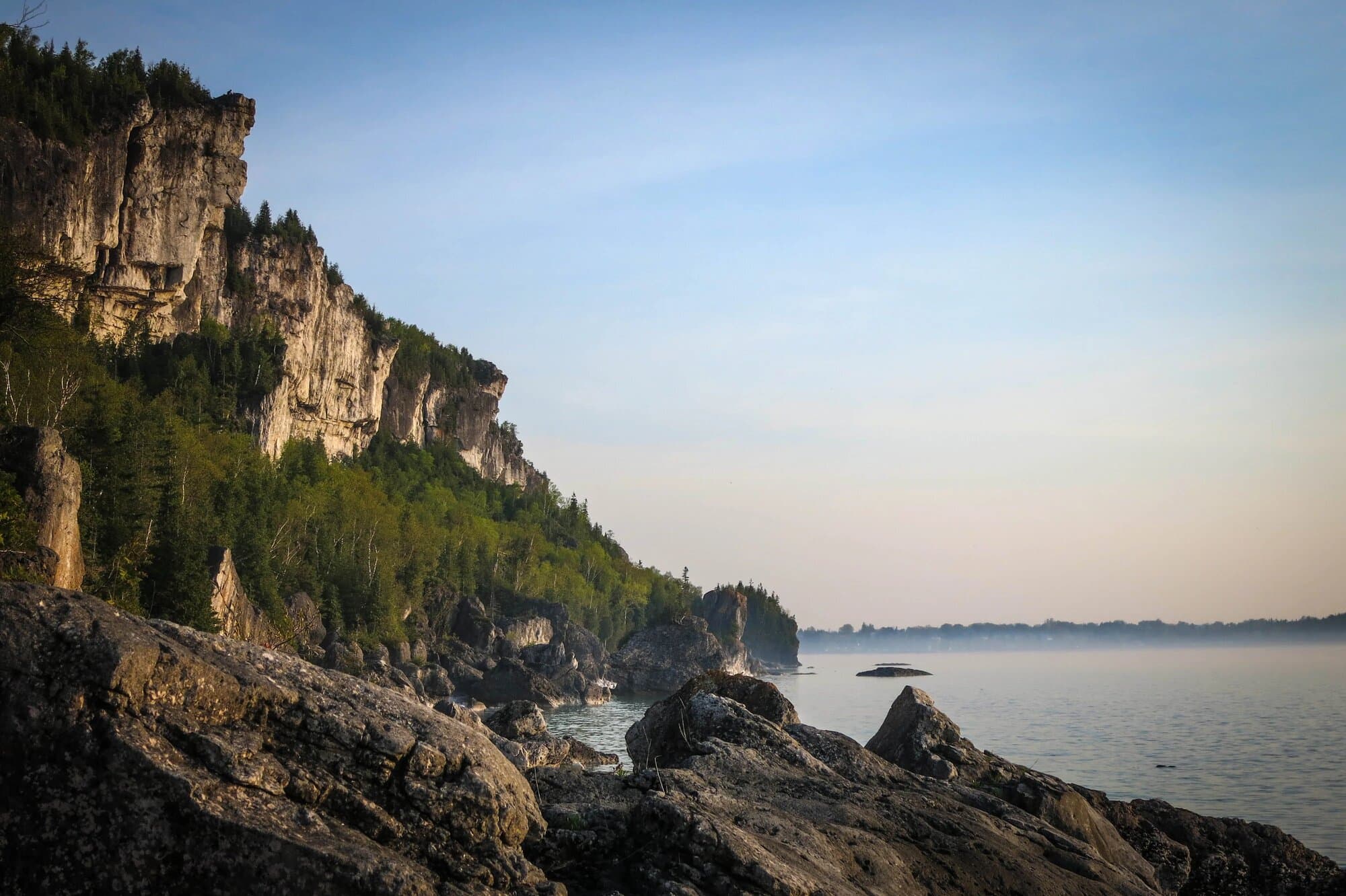 White limestone cliffs running along the Georgian Bay shore at Lion's Head