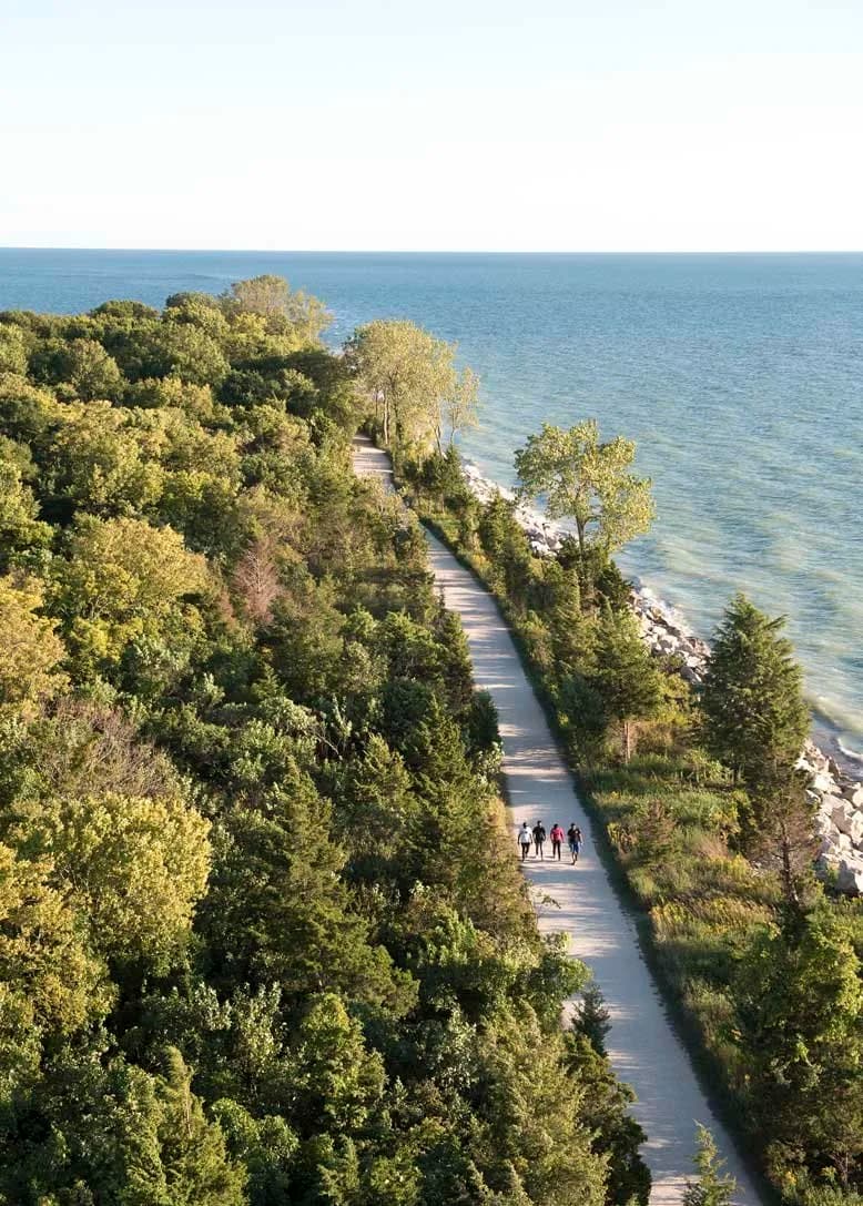 The wooded sand spit of Point Pelee narrowing towards the Tip, seen from the air