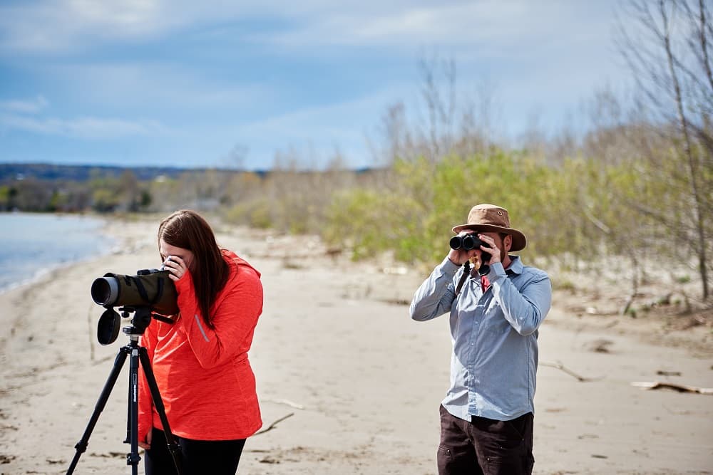 Two people on a cobblestone beach, one with a camera on a tripod and one with binoculars