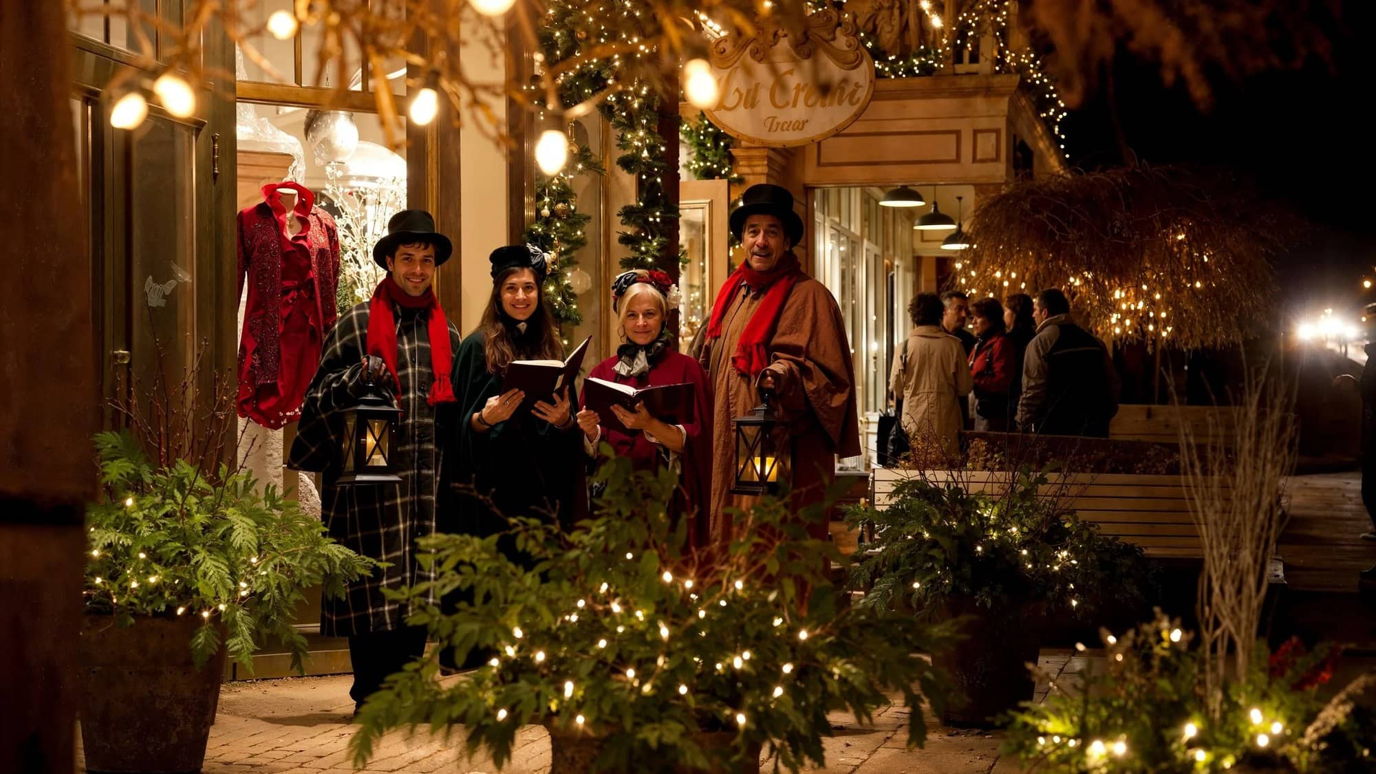 Carollers in Victorian dress singing by lit shop windows on a St. Jacobs street at night
