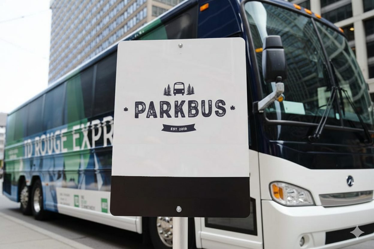A Parkbus coach at a downtown pickup, with the Parkbus logo on a sign beside it
