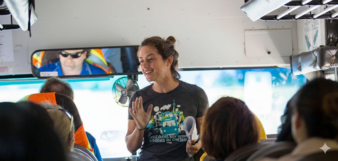 A guide in a Parkbus shirt talking to passengers from the front of the bus