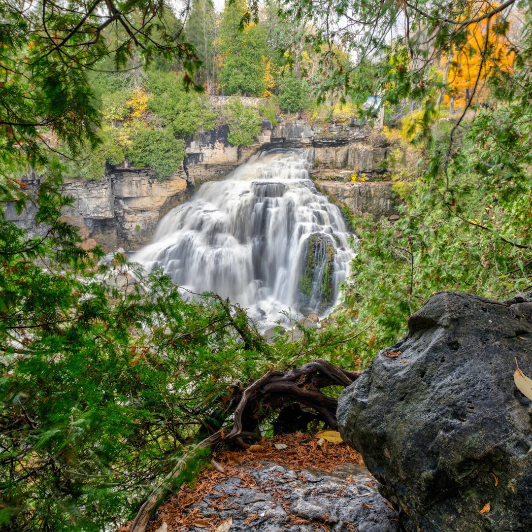 A wide waterfall dropping over a rock ledge, framed by trees