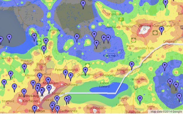 A forecast map of southern Ontario showing cloud cover in coloured bands