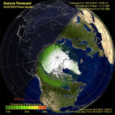 An aurora forecast model showing where the northern lights are likely to be visible over the northern half of the world