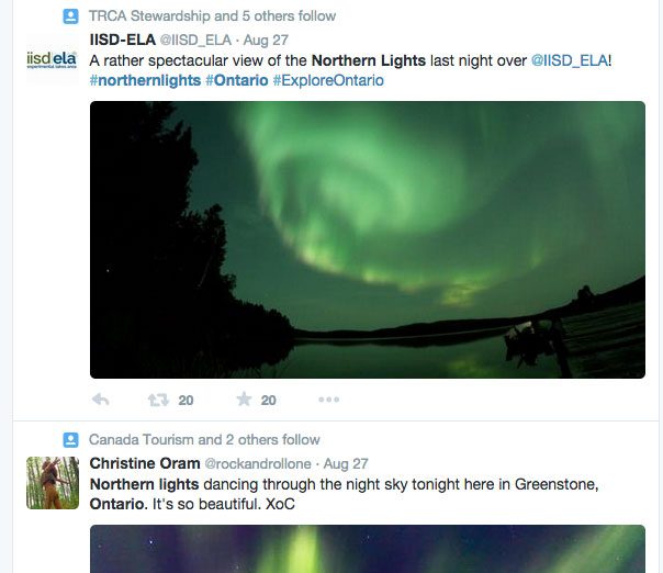 Screenshots of people posting photographs of the northern lights over Ontario