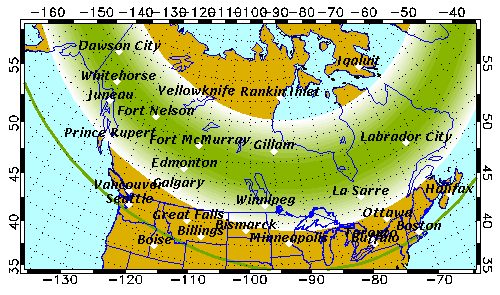 A map of Canada showing the band of sky where the northern lights are usually visible