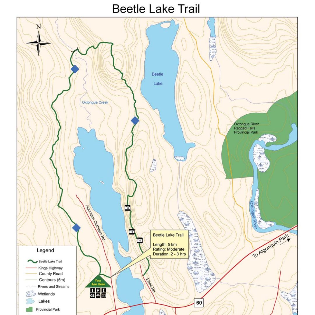 A trail map of the Beetle Lake Trail, showing the route, the lakes and the highway nearby